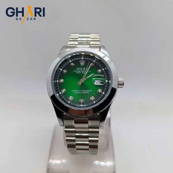 Close-up of Rolex Silver Men’s Green Dial Watch | Ghari Bazar