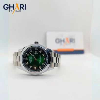 Elegant Rolex Silver Men’s Green Dial Watch – Full View | Ghari Bazar